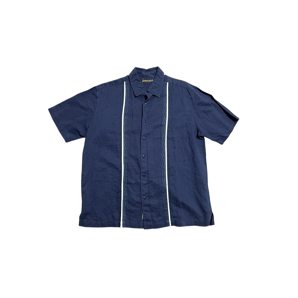 Cubavera Shirt‎ Mens Large Blue Embroidered Stripe Short Sleeve Button Up Casual
